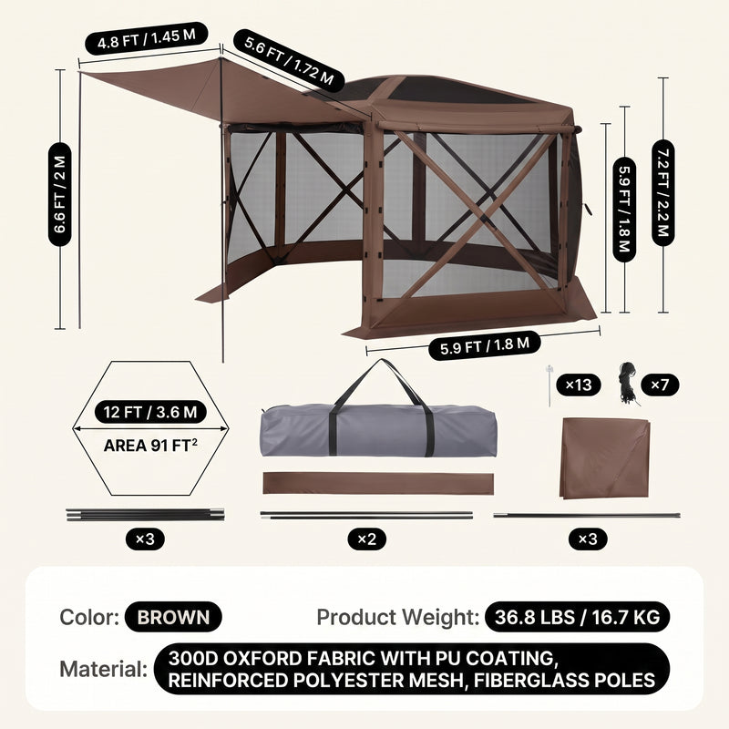 Dimension diagram of the 12x12 ft screen tent gazebo showing 90 in height - 71 in side width and 35 lb weight