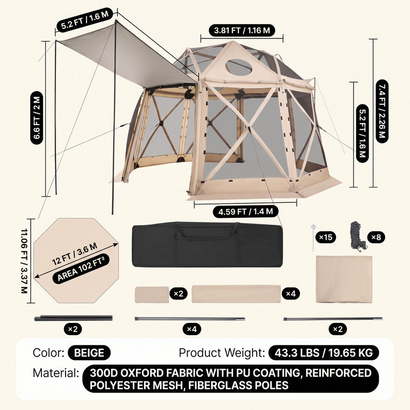 Dimension diagram of the 12x12 ft screen tent gazebo showing 90 in height - 71 in side width and 35 lb weight