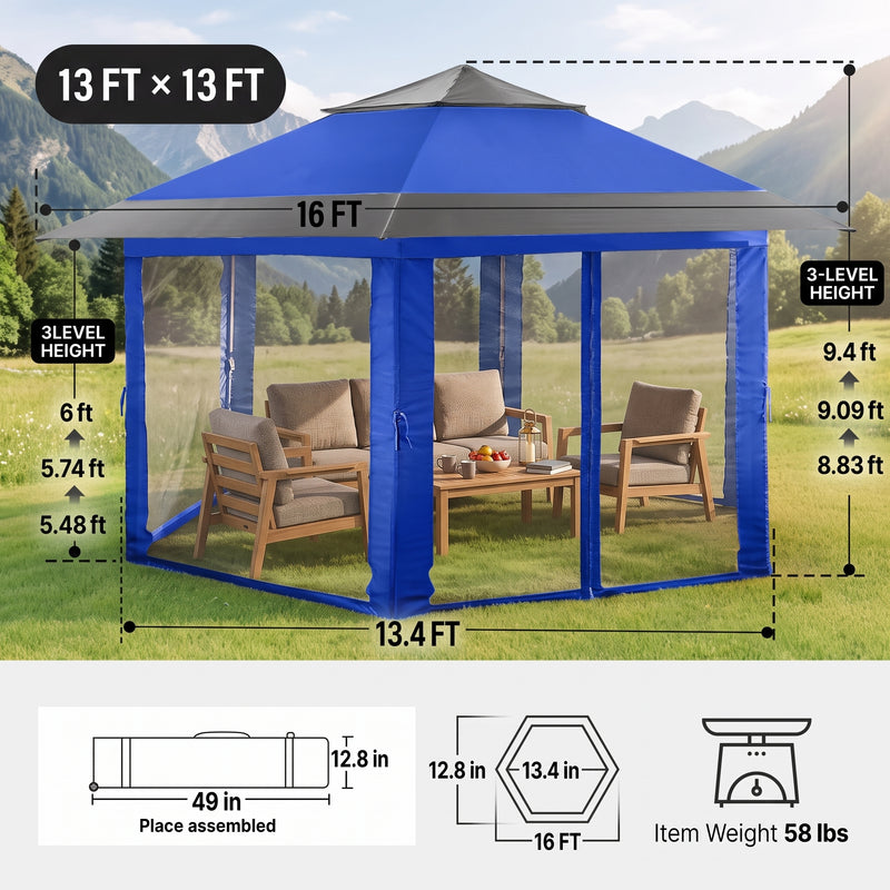 Dimension diagram of the 12x12 ft screen tent gazebo showing 90 in height - 71 in side width and 35 lb weight