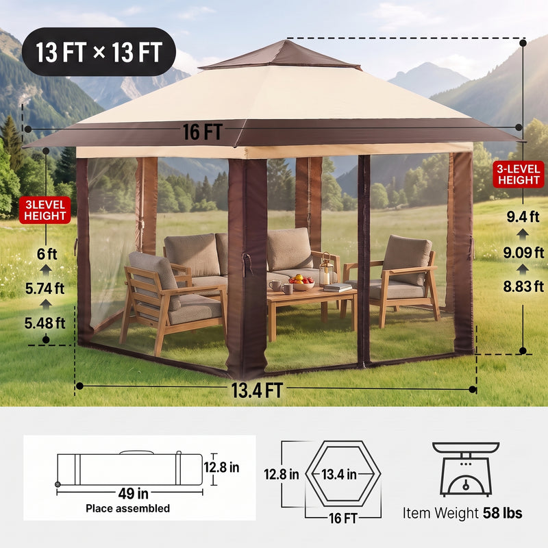 Dimension diagram of the 12x12 ft screen tent gazebo showing 90 in height - 71 in side width and 35 lb weight