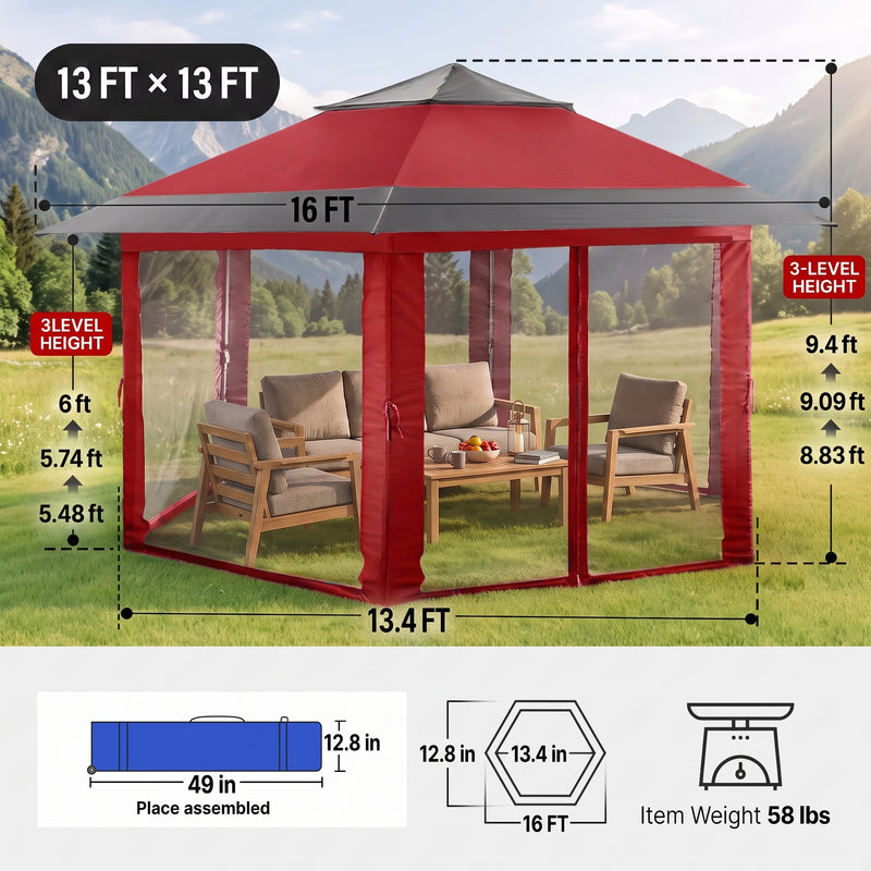 Dimension diagram of the 12x12 ft screen tent gazebo showing 90 in height - 71 in side width and 35 lb weight
