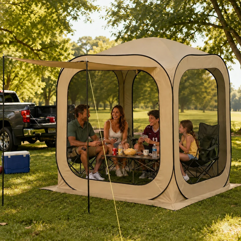 Family gathered under a beige screen tent gazebo at an RV campsite