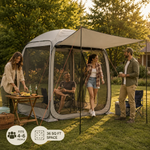 Family gathered under a beige screen tent gazebo at an RV campsite