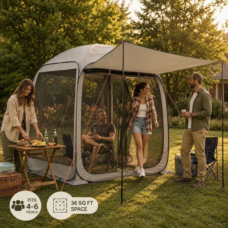 Family gathered under a beige screen tent gazebo at an RV campsite