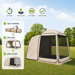 Family gathered under a beige screen tent gazebo at an RV campsite
