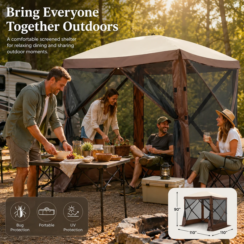 Family gathered under a beige screen tent gazebo at an RV campsite