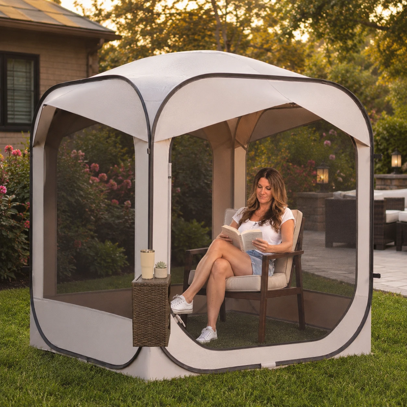 Couple picnicking inside a brown pop-up screen tent by a lake