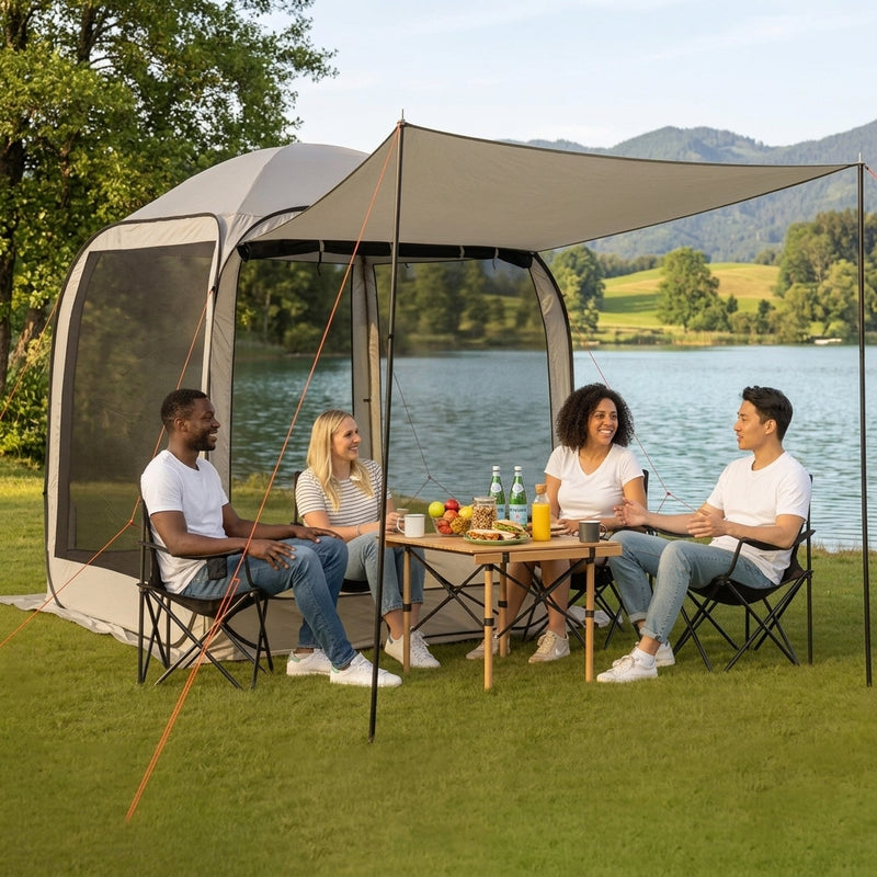 Couple picnicking inside a brown pop-up screen tent by a lake