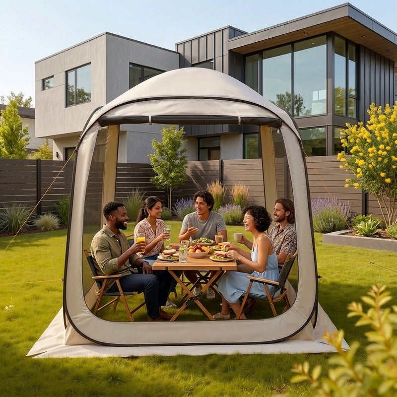 Couple picnicking inside a brown pop-up screen tent by a lake
