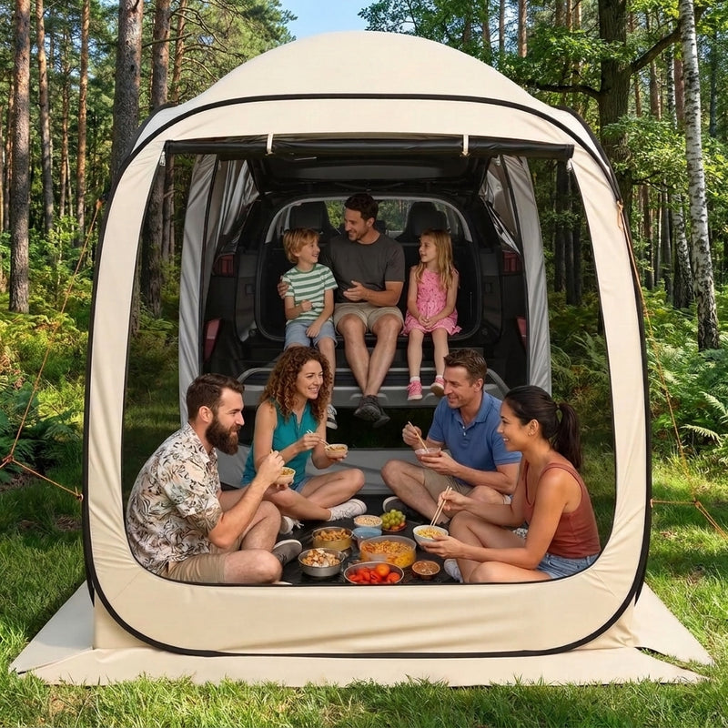 Couple picnicking inside a brown pop-up screen tent by a lake