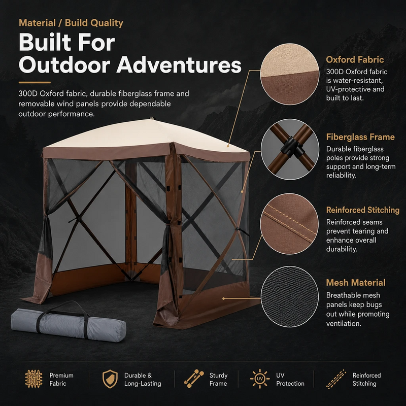 Screen tent materials: 300D Oxford fabric, fiberglass frame and mesh walls