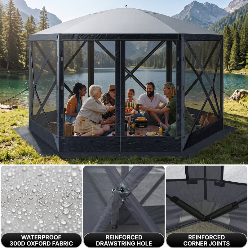 Screen tent gazebo stability features including ground stakes - guy lines - reinforced corners and a carry bag