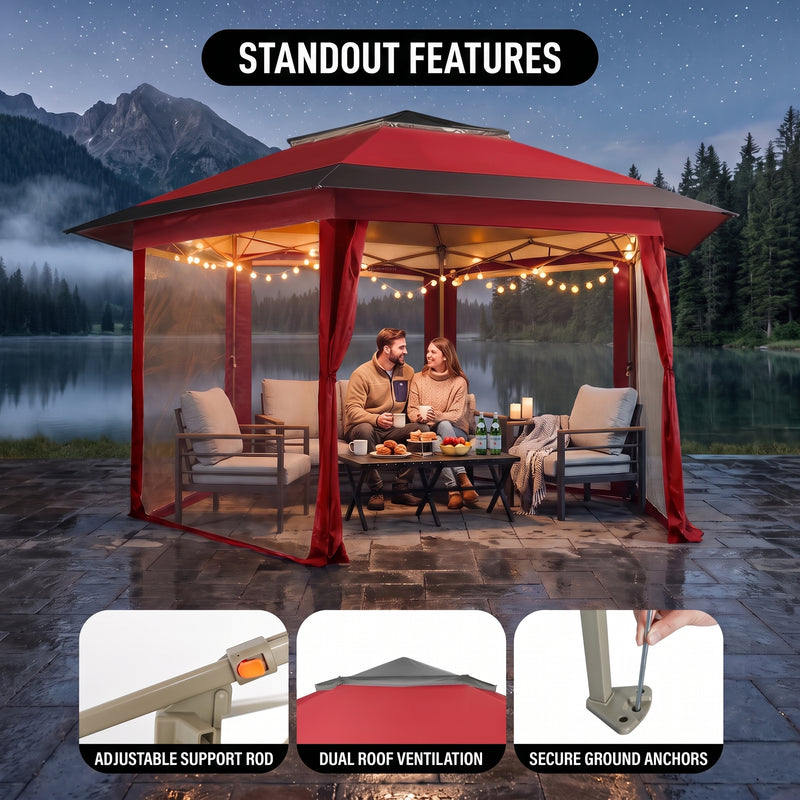 Screen tent gazebo stability features including ground stakes - guy lines - reinforced corners and a carry bag