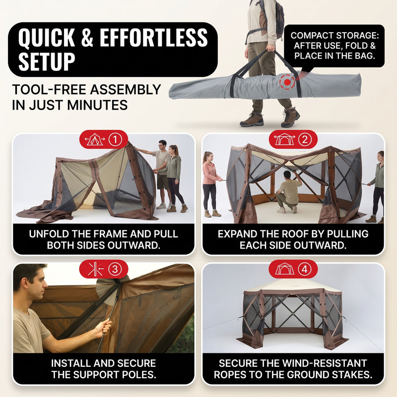 Screen tent gazebo with two roll-up windows and mesh panels providing enhanced airflow and a private enclosed space