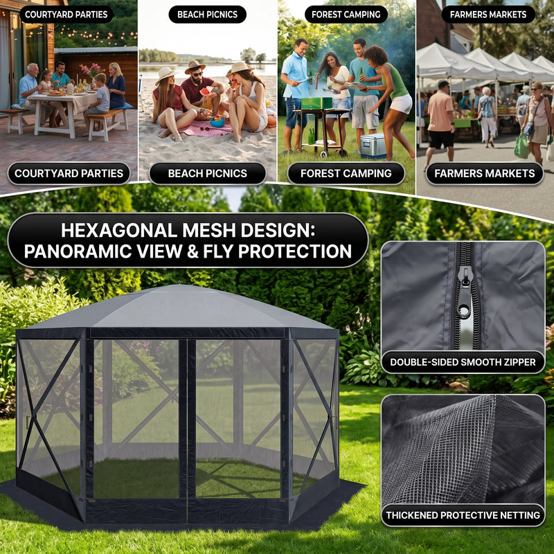Screen tent gazebo with two roll-up windows and mesh panels providing enhanced airflow and a private enclosed space