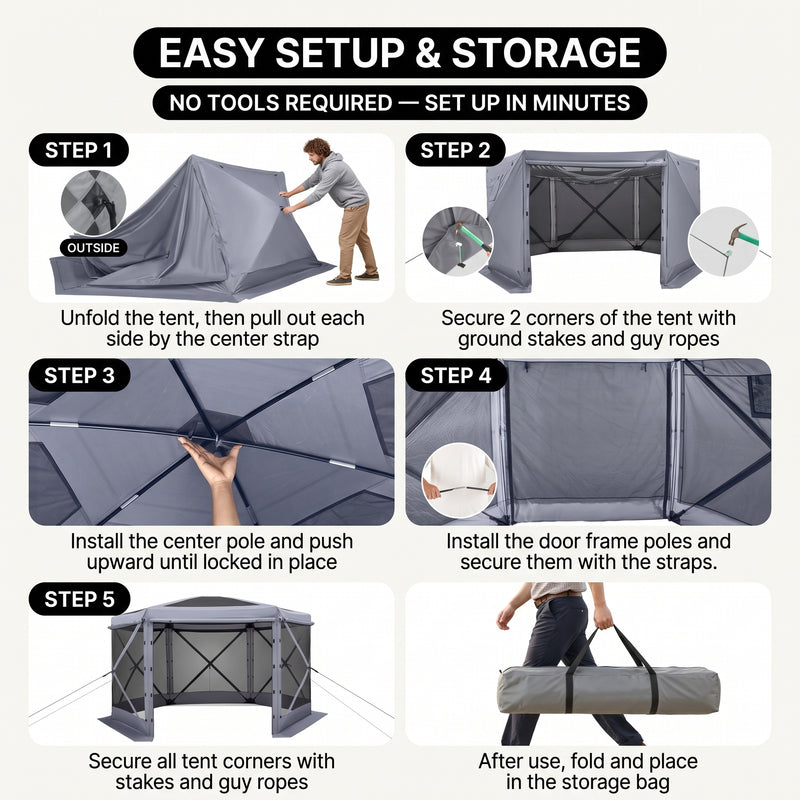 Screen tent gazebo with two roll-up windows and mesh panels providing enhanced airflow and a private enclosed space