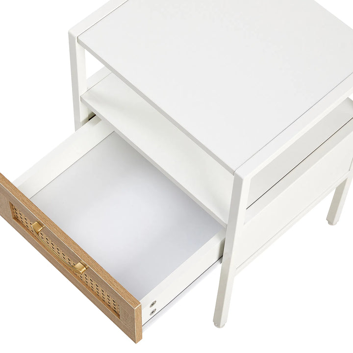 Set of 2, 15.75" Rattan End table with drawer, Modern nightstand, metal legs,side table for living room, bedroom,white