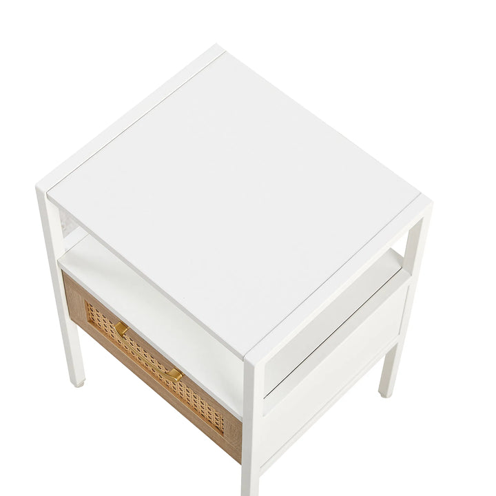 Set of 2, 15.75" Rattan End table with drawer, Modern nightstand, metal legs,side table for living room, bedroom,white