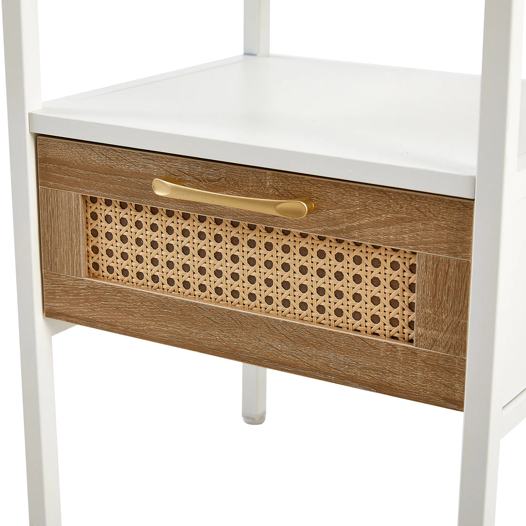 Set of 2, 15.75" Rattan End table with drawer, Modern nightstand, metal legs,side table for living room, bedroom,white