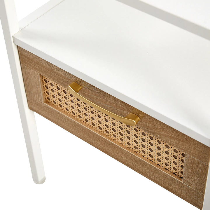 Set of 2, 15.75" Rattan End table with drawer, Modern nightstand, metal legs,side table for living room, bedroom,white