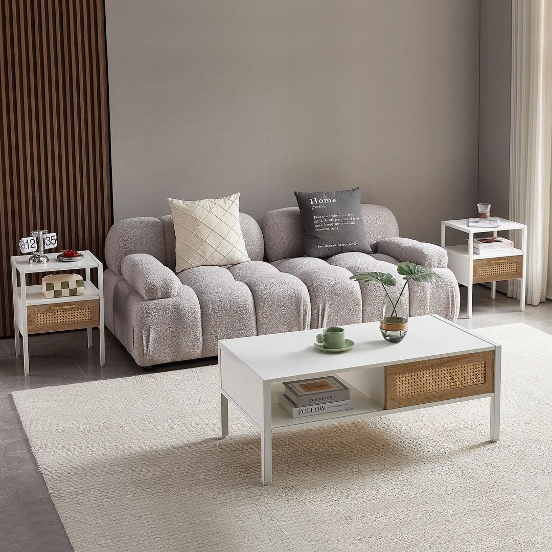 Set of 2, 15.75" Rattan End table with drawer, Modern nightstand, metal legs,side table for living room, bedroom,white