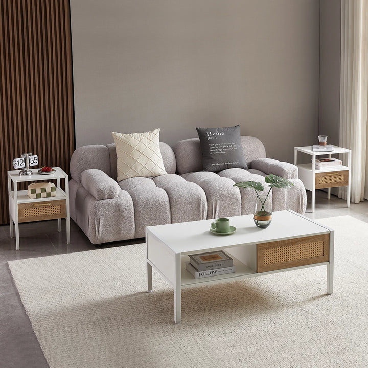 Set of 2, 15.75" Rattan End table with drawer, Modern nightstand, metal legs,side table for living room, bedroom,white
