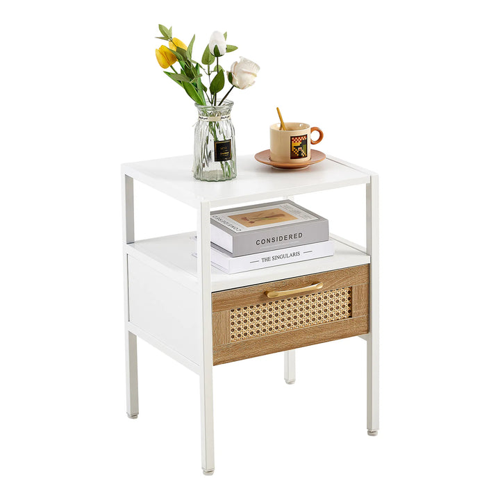 Set of 2, 15.75" Rattan End table with drawer, Modern nightstand, metal legs,side table for living room, bedroom,white