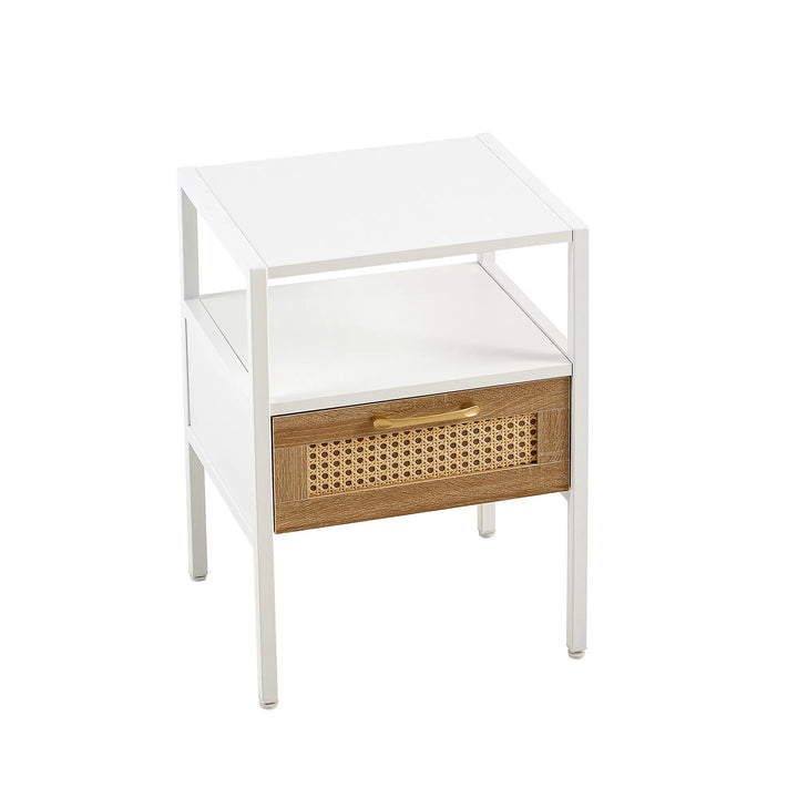 Set of 2, 15.75" Rattan End table with drawer, Modern nightstand, metal legs,side table for living room, bedroom,white