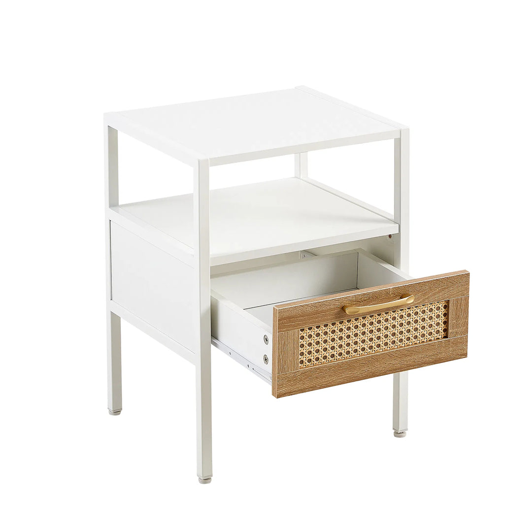 Set of 2, 15.75" Rattan End table with drawer, Modern nightstand, metal legs,side table for living room, bedroom,white