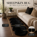 Sheepskin rug dimensions infographic showing 72 inch length, 24 inch width, and 2 inch plush pile beside a sofa