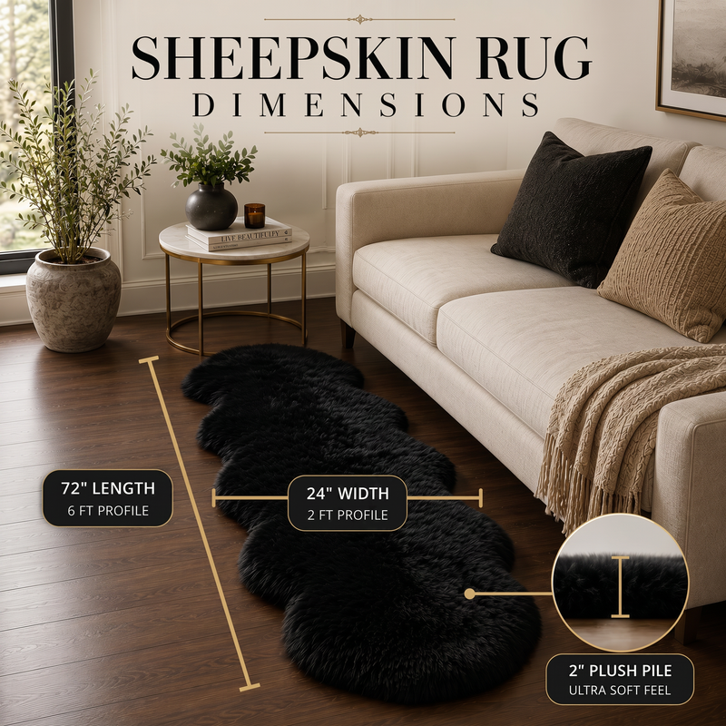 Sheepskin rug dimensions infographic showing 72 inch length, 24 inch width, and 2 inch plush pile beside a sofa
