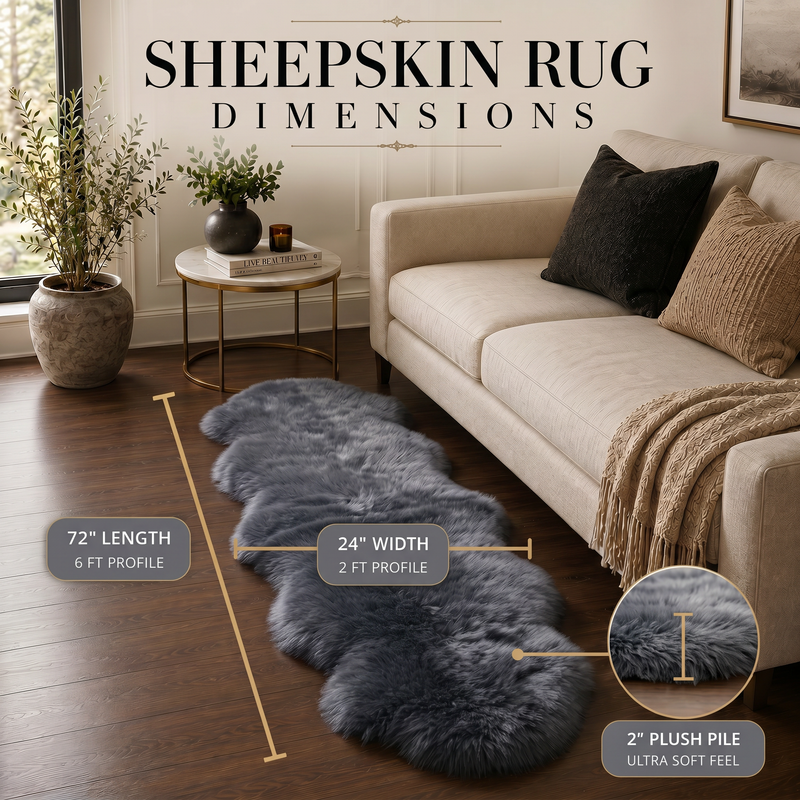 Sheepskin rug dimensions infographic showing 72 inch length, 24 inch width, and 2 inch plush pile beside a sofa
