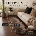 Sheepskin rug dimensions infographic showing 72 inch length, 24 inch width, and 2 inch plush pile beside a sofa