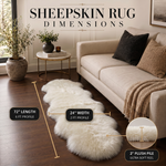 Sheepskin rug dimensions infographic showing 72 inch length, 24 inch width, and 2 inch plush pile beside a sofa