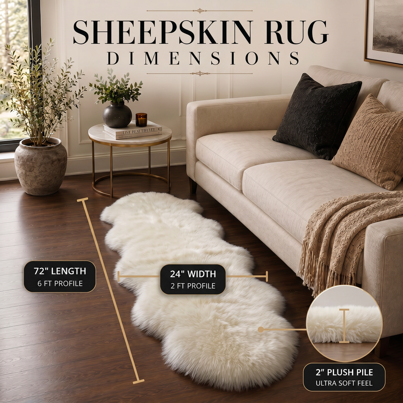 Sheepskin rug dimensions infographic showing 72 inch length, 24 inch width, and 2 inch plush pile beside a sofa