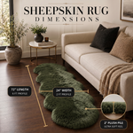Sheepskin rug dimensions infographic showing 72 inch length, 24 inch width, and 2 inch plush pile beside a sofa