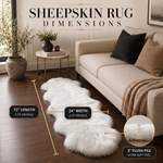 Sheepskin rug dimensions infographic showing 72 inch length, 24 inch width, and 2 inch plush pile beside a sofa