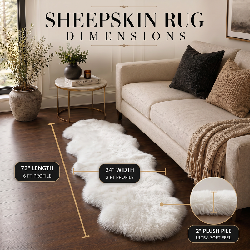 Sheepskin rug dimensions infographic showing 72 inch length, 24 inch width, and 2 inch plush pile beside a sofa
