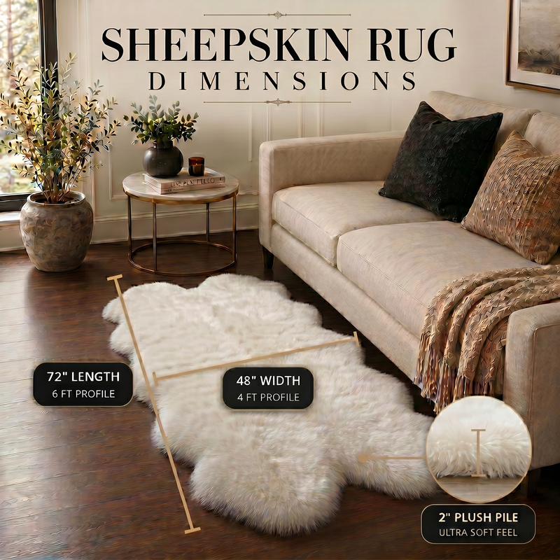 Sheepskin rug dimensions infographic showing 72 inch length, 24 inch width, and 2 inch plush pile beside a sofa