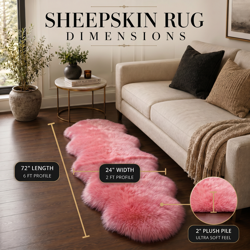 Sheepskin rug dimensions infographic showing 72 inch length, 24 inch width, and 2 inch plush pile beside a sofa