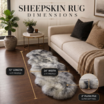 Sheepskin rug dimensions infographic showing 72 inch length, 24 inch width, and 2 inch plush pile beside a sofa
