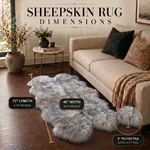 Sheepskin rug dimensions infographic showing 72 inch length, 24 inch width, and 2 inch plush pile beside a sofa