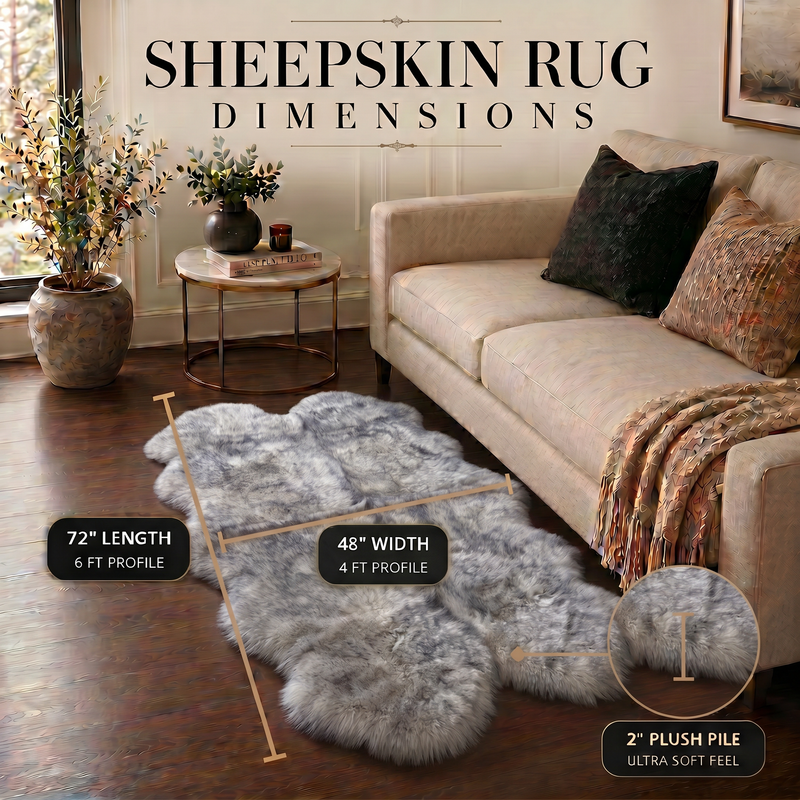 Sheepskin rug dimensions infographic showing 72 inch length, 24 inch width, and 2 inch plush pile beside a sofa