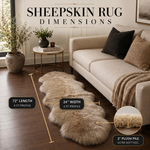 Sheepskin rug dimensions infographic showing 72 inch length, 24 inch width, and 2 inch plush pile beside a sofa
