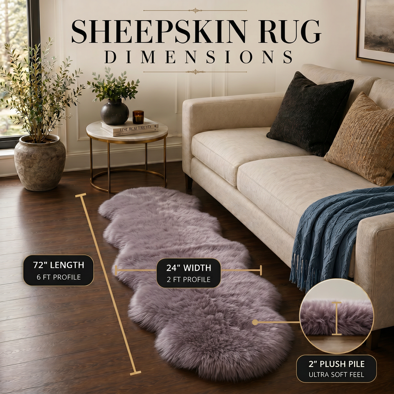 Sheepskin rug dimensions infographic showing 72 inch length, 24 inch width, and 2 inch plush pile beside a sofa