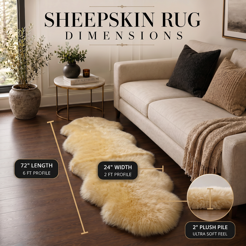 Sheepskin rug dimensions infographic showing 72 inch length, 24 inch width, and 2 inch plush pile beside a sofa