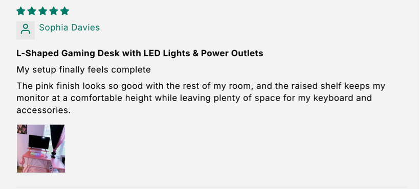 L-Shaped Gaming Desk with LED Lights & Power Outlets customer review screenshot 5