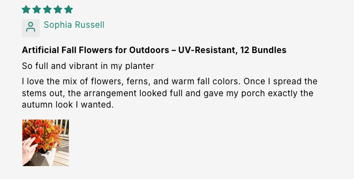 Artificial Fall Flowers for Outdoors – UV-Resistant, 12 Bundles customer review screenshot 6