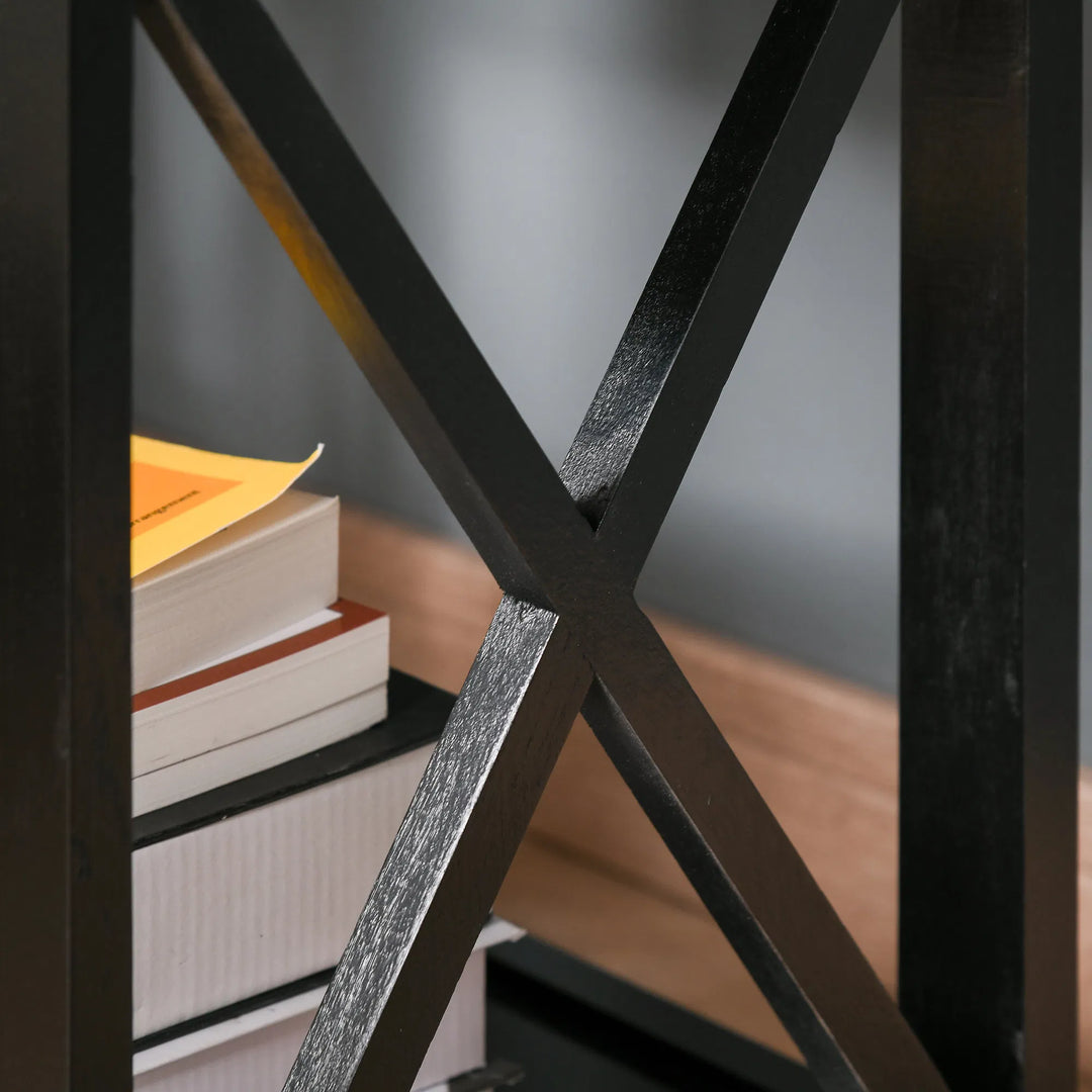 Side Table, Farmhouse End Table with Storage Drawer, Open Shelf and X-frame, Bedside Table for Living Room, Black