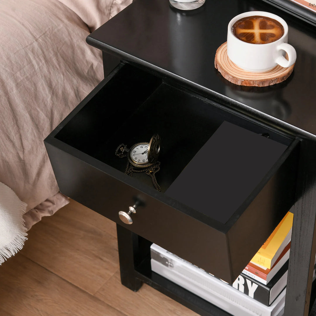 Side Table, Farmhouse End Table with Storage Drawer, Open Shelf and X-frame, Bedside Table for Living Room, Black